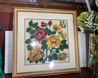 Needlepoint,  Needlework, Framed,  Wall Art, Picture, Flowers,  Roses, Glass, Handmade,  Country, Cottage Decor, Vintage