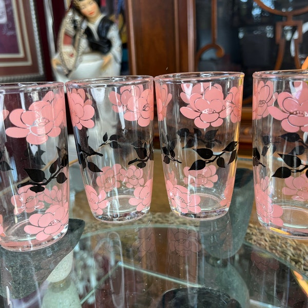 Glasses, Glasses  Barware, Hazel Atlas, Pink Roses Glassware Hazel Ware Juice Glass Vintage Tumbler