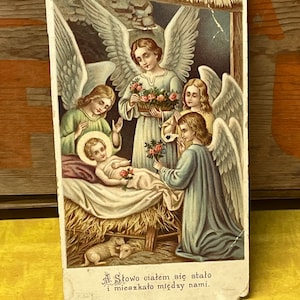 Religieuze Jezus Maria Baby Angels Religieuze Heilige Kaart Italië Vintage 1940s Efemere Gebedskaart Afzetten Pools Polen