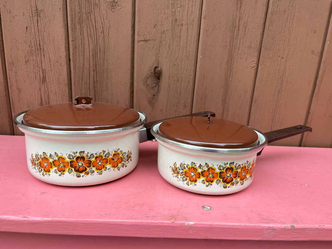 Cooking Pots, Set of 2, Pots With Lids, 1970s, Enamelware, Cookware