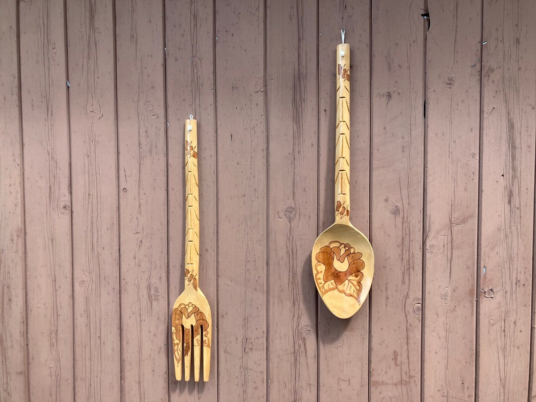Tiki Wood Fork and Spoon Wall Hanging Vintage Burnt Wood Etsy UK