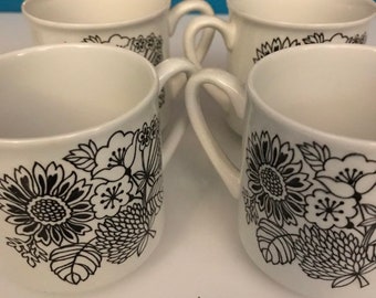 Set of 4 Vintage, Manitou, teacup, Dinnerware, Grindley, Ironstone, England, dishwasher safe, no saucer, tea cup, black and white, floral