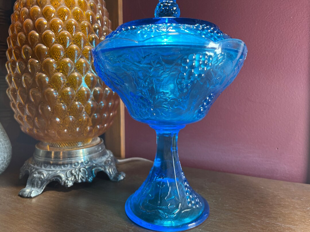 Turquoise Grape Compote With Lid, Candy Dish, Diamond, Compote, Indiana