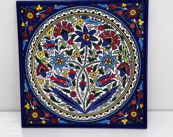 クリストフル　アンティーク　　花柄透かし彫りトリベット(鍋置き) 刻印あり　美品 手描きのセラミックタイル：ヴィンテージコバルトブルーの花柄