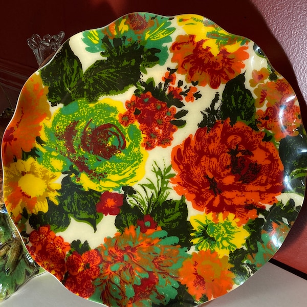 Fab Tray Flower Power Mod vintage Serving Wall Hanging Decor Canada Fabric Art Ruffle MCM Mid Century 17"