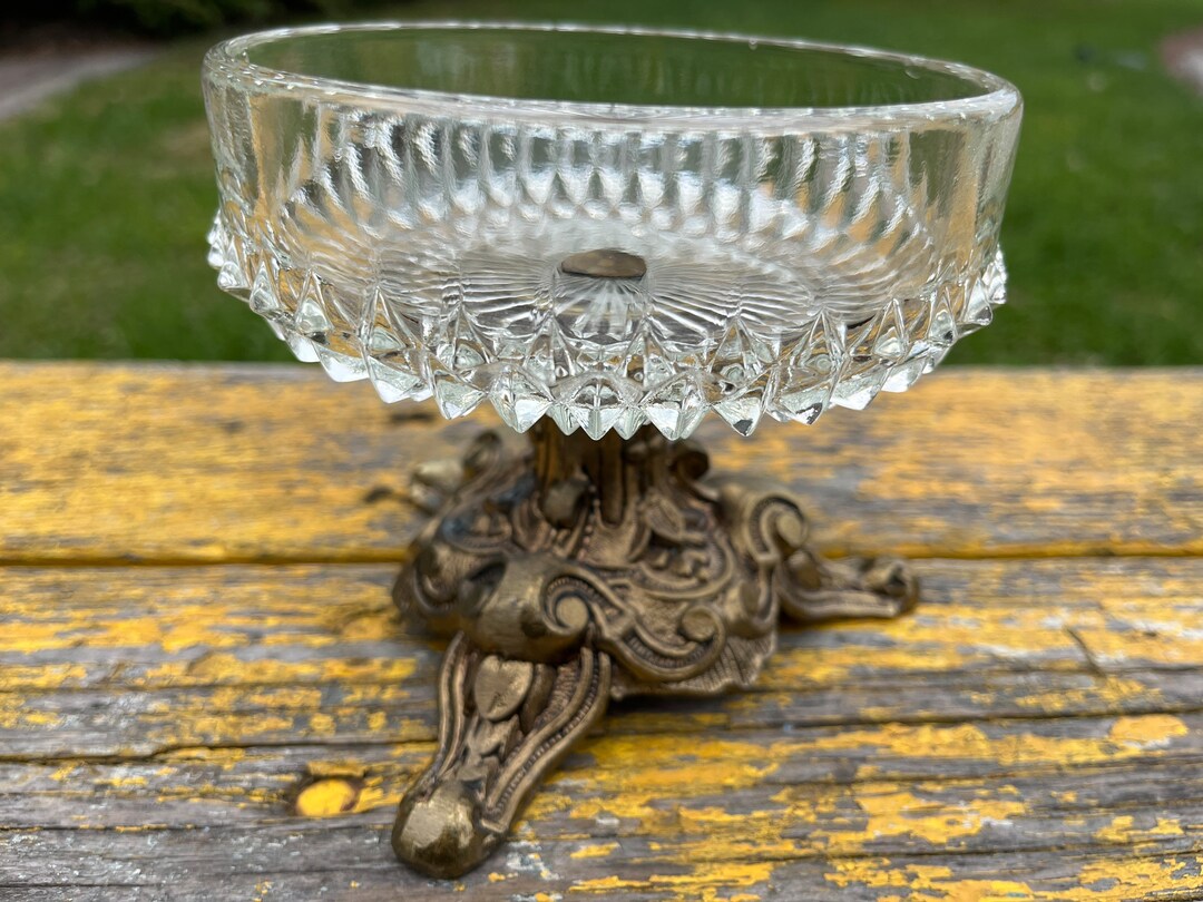 Compote, Candy Dish, Glass, Brass, Fruit Dish, Vintage, Pedestal ...