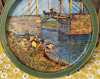 Bar tray, Serving Tray, Sunshine Van Gogh Art Tray Vintage, Round, Metal, Platter, Cocktail Tray Langlois Bridge Guildcraft USA
