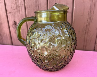 Pitcher Jug  Anchor Hocking Avocado Ball Glass Beverage Pitcher Vintage Milano crinkle textured Style