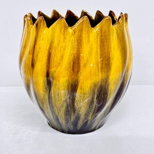 May include: A yellow and brown ceramic planter with a wavy, tulip-shaped design.