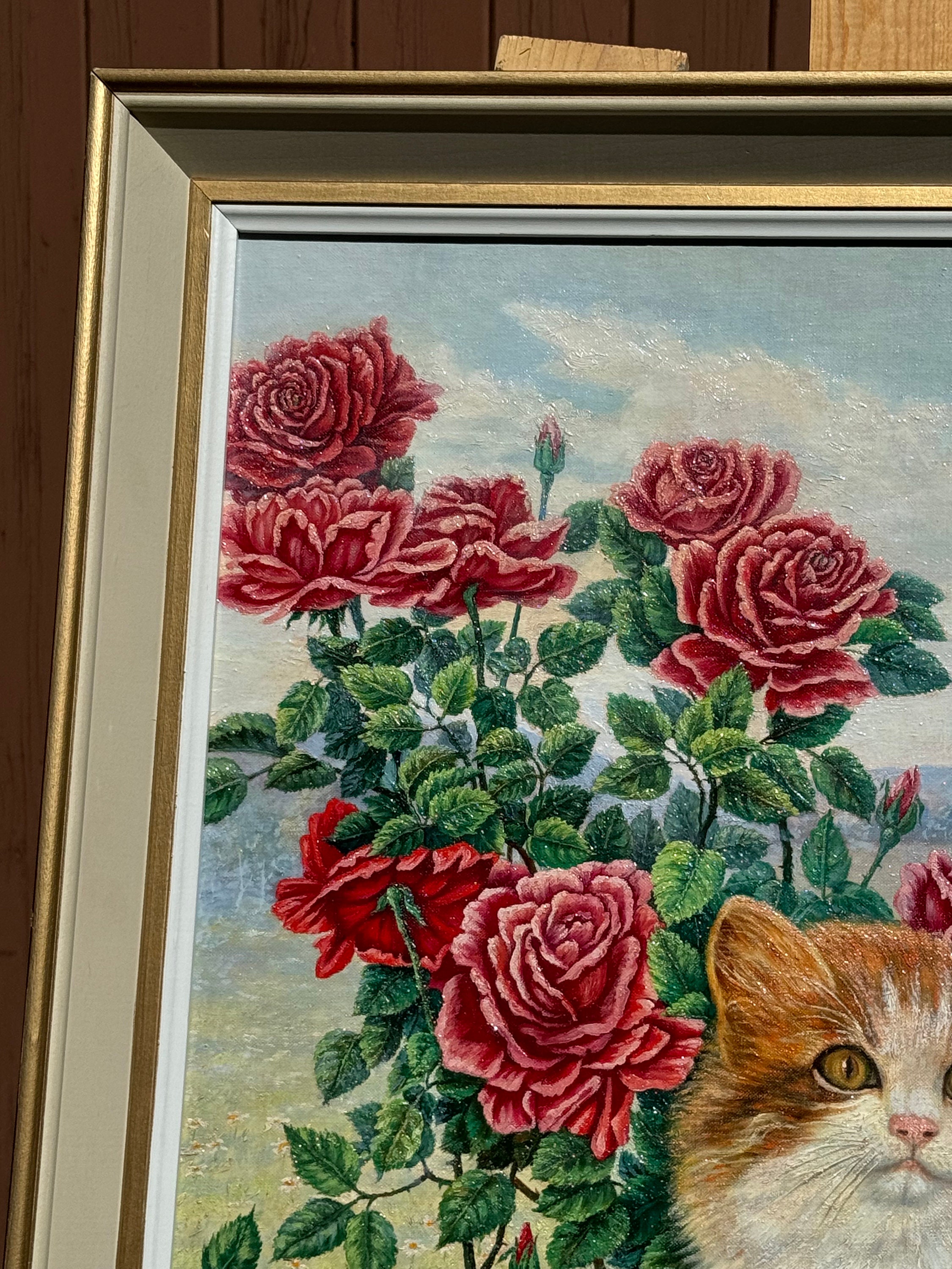 花畑猫　油彩画 原画　ミニ絵画　オリジナル　猫　花 花畑猫 油彩画 原画 ミニ絵画 オリジナル 猫 花 絵画