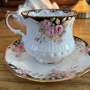 Vintage Crownford Staffordshire Bone China Tea Cup Saucer: Midnight Rose, Gold Trim