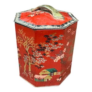 Tea TIN, Octagon,  Lid, Floral, Tin, Collectible, Tea, Vintage, Flower, Biscuit Peek England Asian Theme Blossom Tree Family Community