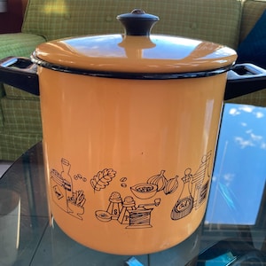 Enamel Pot,  Fryer,  Boiler,  Steamer, Vintage Kitchen, Double handle, Pasta, Cera-Met, Strainer Included,Harvest Gold Cooking Pot Pasta Pot