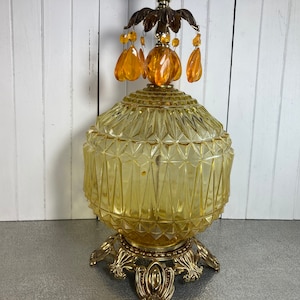 Lighting: Circa 1970,  Mid Century Lamp, Light, Amber, Table Lamp, Mid Century, Cast Iron, Hollywood Regency, Vintage, Lamp