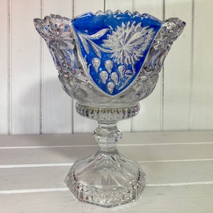 May include: A clear glass bowl with a blue and white floral design. The bowl is on a pedestal base.
