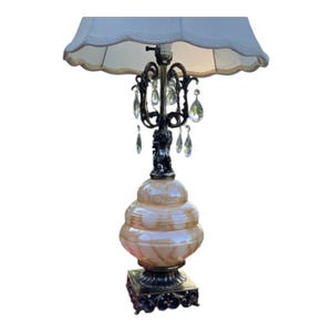 Table Lamp, Cherub, Blown Glass, Crystal Prisms,  Brass Table Lamp  Glass Globe   MCM Hollywood Regency, Ornate Tri Light, Vintage