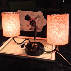 MCM Table Lamp Double Arm Fiberglass Shade Laced Rose Metal Ware Vintage Retro Art Deco Floral Rose Shade