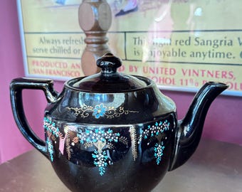 Vintage Brown Betty Teapot: Redware Clay, Moriage Dots, Made in Japan