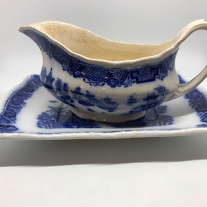 Bristol Alkalon China Mandarin flow blue willow pattern Gravy Boat Bowl w Underplate  Antique