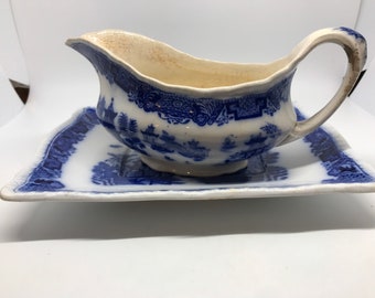 Bristol Alkalon China Mandarin flow blue willow pattern Gravy Boat Bowl w Underplate  Antique