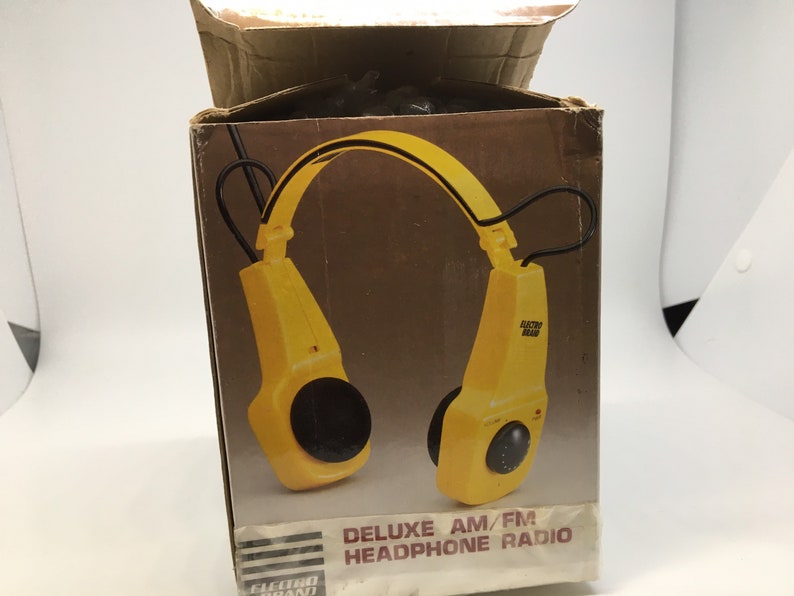 Electro Brand AM/FM Folding Headphone Radio w Antenna NIB Headphones New in Box Deluxe Yellow Retro Vintage image 1