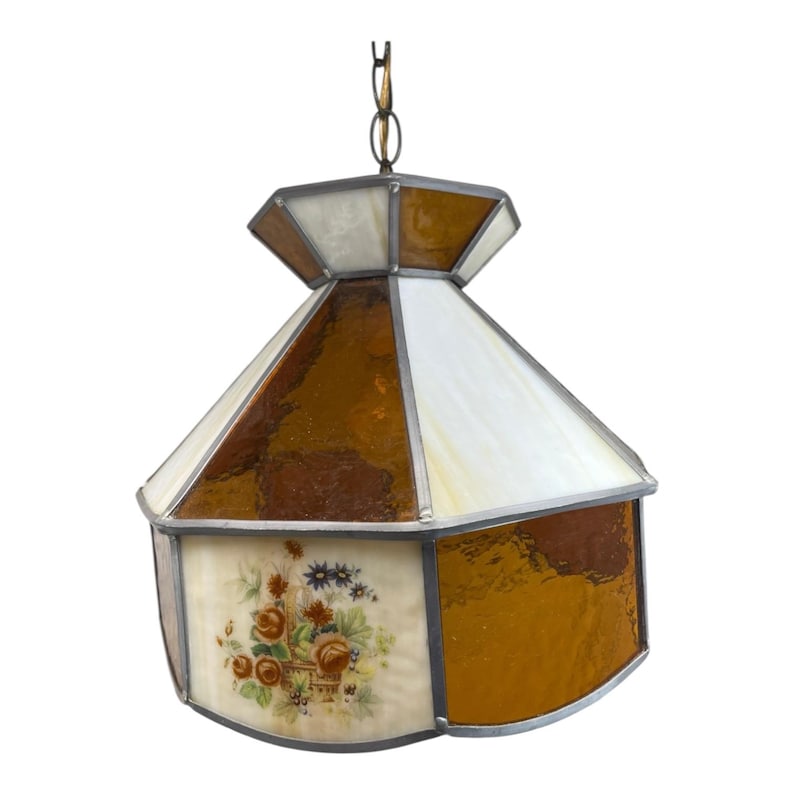 Lámpara de techo colgante estilo Tiffany con pantalla de vidrio ámbar y escoria de caramelo, lámpara colgante con flores, iluminación vintage imagen 1