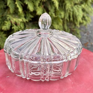 Anchor Hocking White Depression Glass Candy Dish Lid Candy Box Trinket Dish Vintage Round ‘Crystal Occasional Pieces”