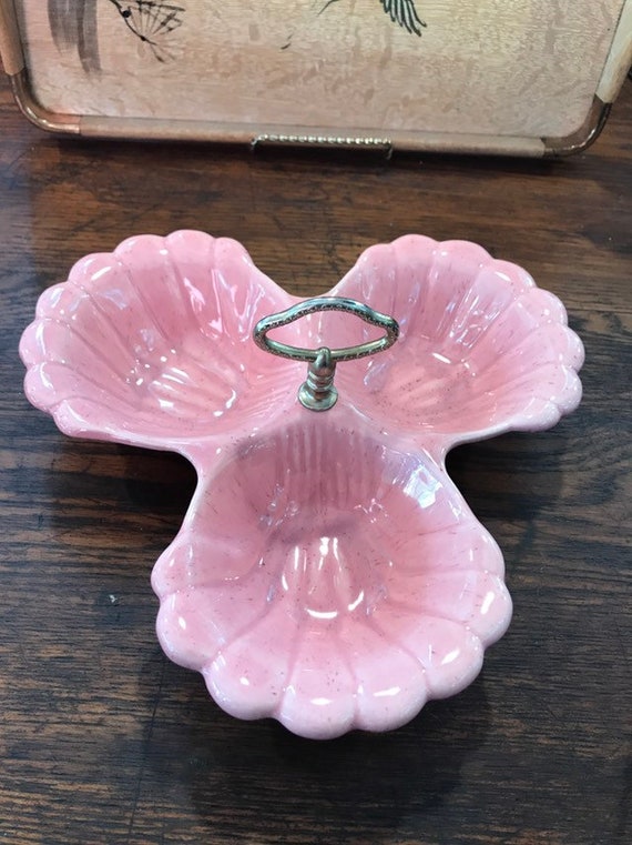 Vintage California Pottery Relish Dish: Pink Mid-century Clam