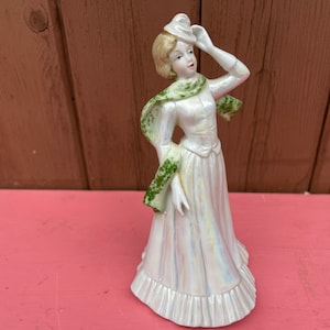 Iridescent Lady Figurine Vintage Lady Standing Glazed Porcelain Statue Figurine Collectible Lady