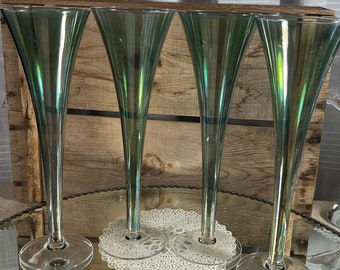 Flute Carnival Glass Style Flute Stemware Bar Cart Vintage  Champagne Glass Set of 4 Iridescent