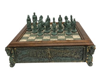 Vintage Folding Aztec Mayan & Conquistadors Chess Set ~ Turquoise