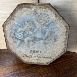 Hershey&#39;s Hugs ‘n Kisses Collectible Candy Tin  Advertising Cherub Hershey Kisses Candies Tin Ocragon Shape Storage Container
