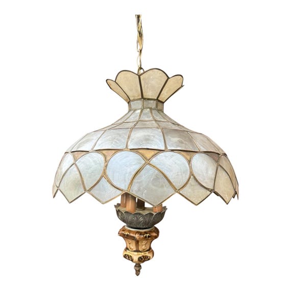 ヴィンテージ カピス シェル シャンデリア：真鍮とゴールドチェーンの