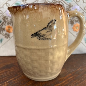 pitcher Jug Medalta Medicine Hat Potteries  Antique Vintage  Chicken Bird Basket Weave Wicker Redcliffe