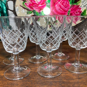 Wine, Cordial, crystal, wine glasses, stemware, Vintage, Cross hatch, Wine, Glass, Barware, Crystal Wine