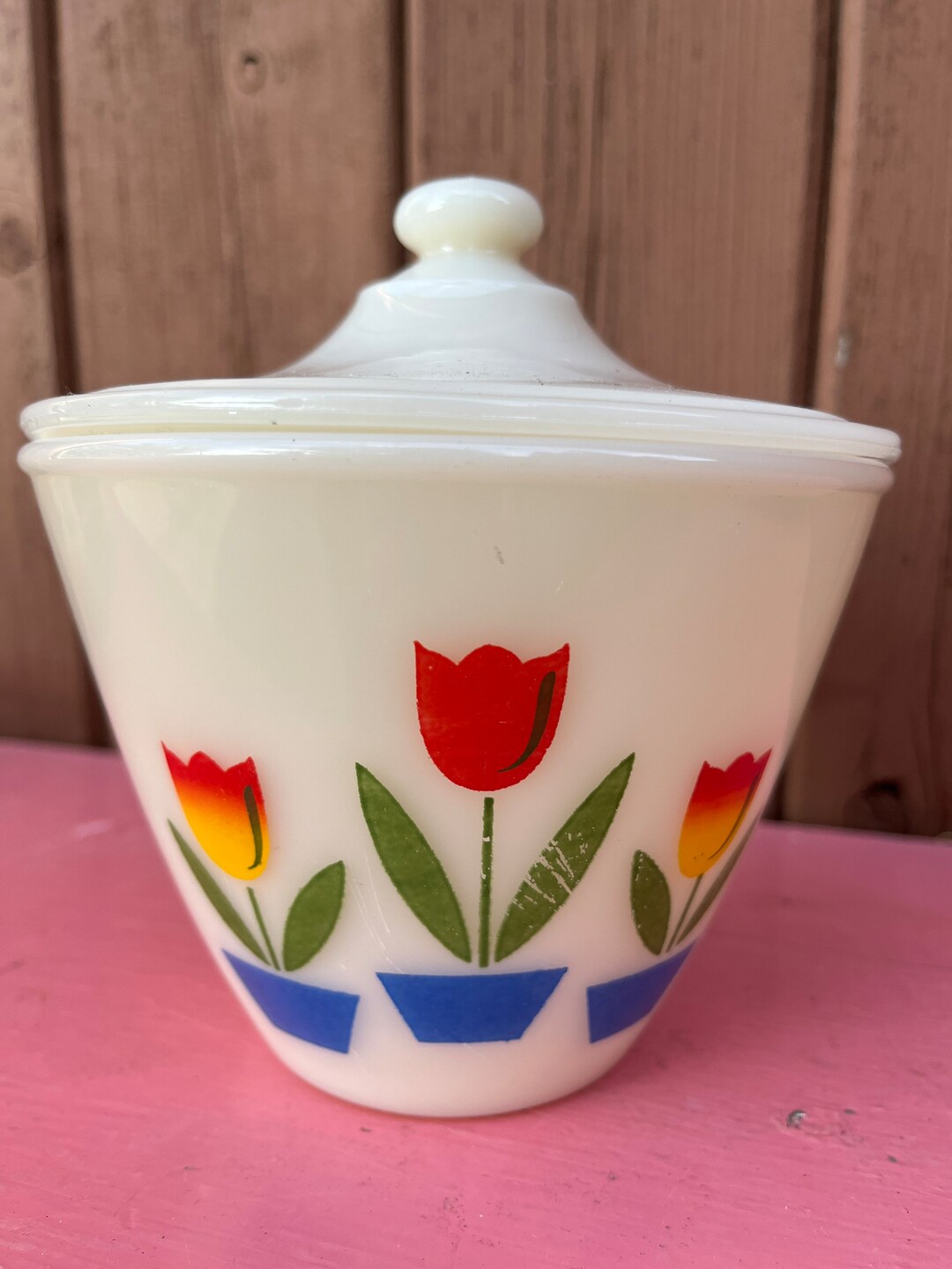 Fire King, Tulip, Grease Jar, Vintage, Anchor Hocking, Lidded, Flowers