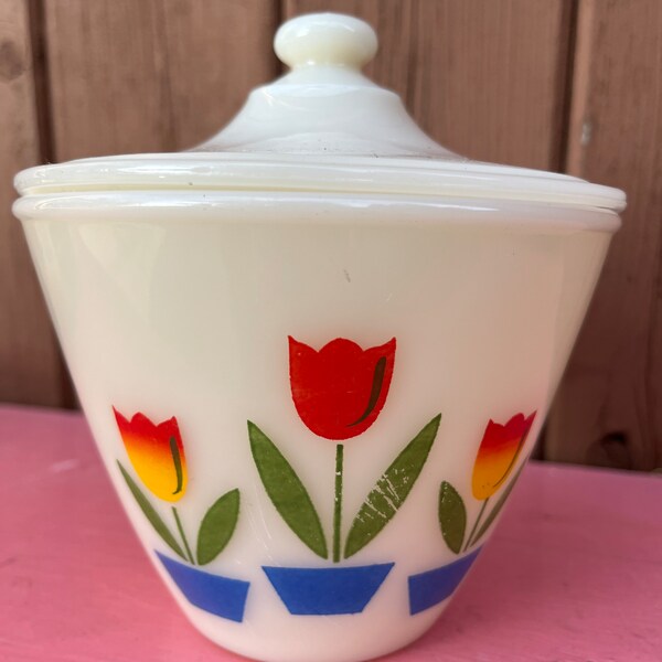 Fire King, Tulip, Grease Jar,  Vintage, Anchor Hocking, Lidded, Flowers