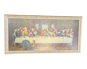Litografía antigua de la Última Cena - Litografía del Sagrado Corazón enmarcada en madera, marco original de mediados de siglo.