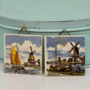 Tile set of 2 Holland Vintage, Nautical, Ship, Polychrome Coloured  Collectible, Delftware, Delft, windmill, handmade