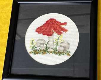 Vintage Framed Mushroom Needlepoint: Handmade Petit Point Art