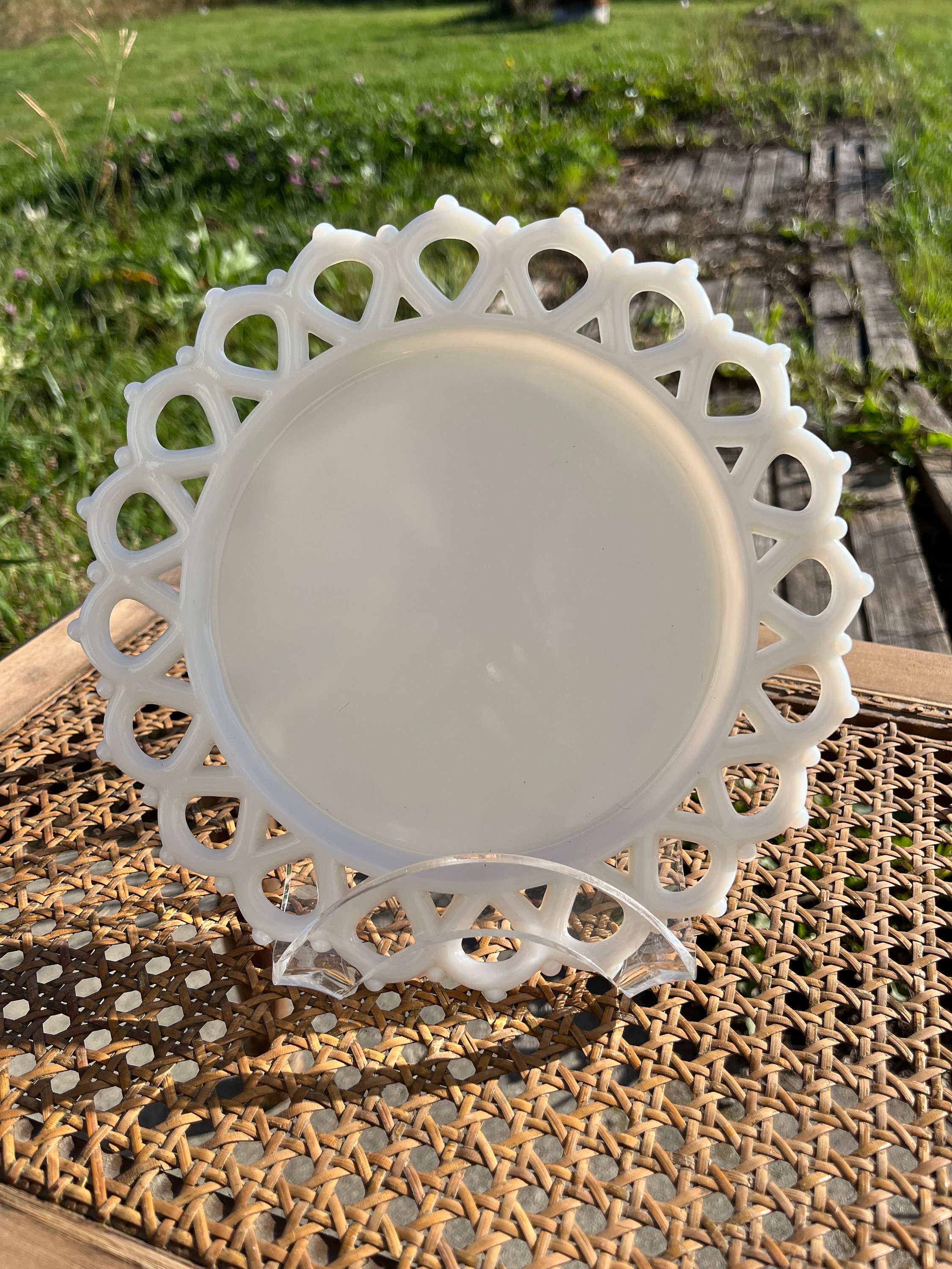 Vintage Milk Glass Plate: Lace Edge, 8.5