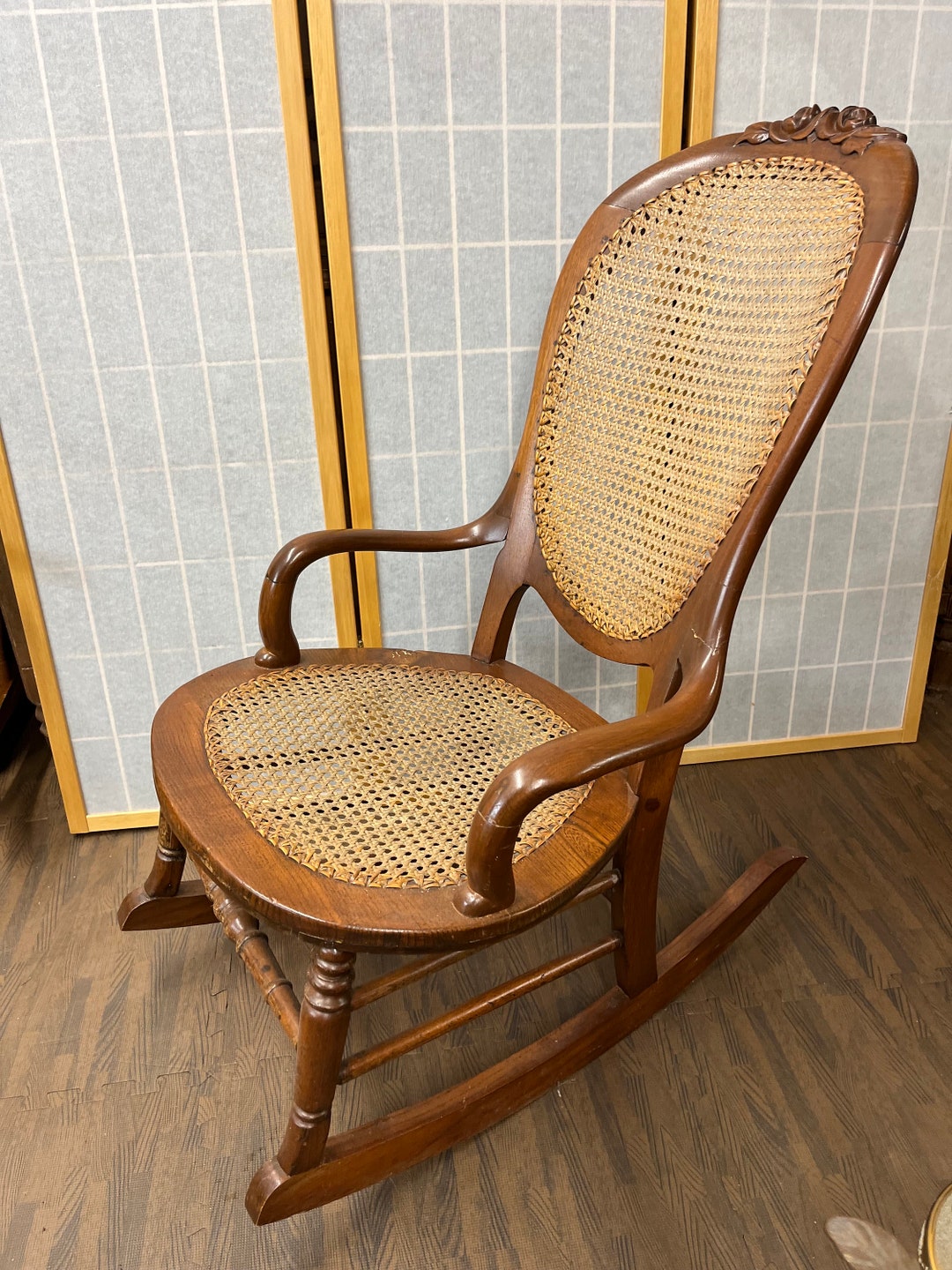 Cane and Wood Rocking Chair Weave Vintage Carved Wood Roses - Etsy