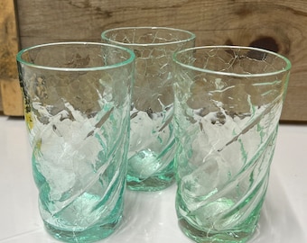 Crackle Glass, Juice, Glasses, Shot,  Glassware,  Breakfast,  Vintage, Water Glass, Barware, Swirl Set of 3