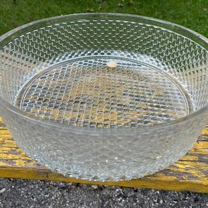 May include: A clear glass bowl with a textured, honeycomb-like pattern. The bowl is sitting on a wooden surface.