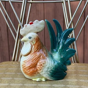 Rooster Chicken Hen Planter  1950s Ceramic Bird USA Glazed Bird Vintage