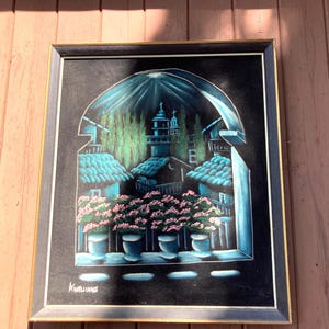 Vintage Black Velvet Mexico Painting: Moonlit Church Steeple, Wood Frame