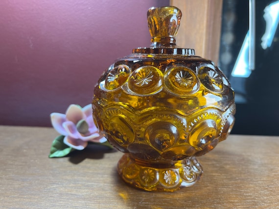 Vintage L.E. Smith Amber Glass Candy Dish: Moon and Stars Pedestal