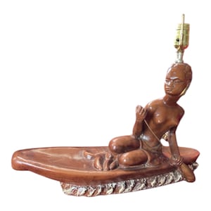 Vintage Barsony Style Lamp: African Woman Figurine, MCM Plaster Oar Boat