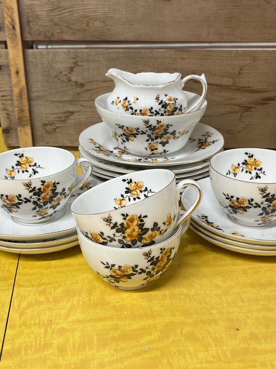 Vintage Victoria Czechoslovakia Dinner Set: Yellow Floral Teacups