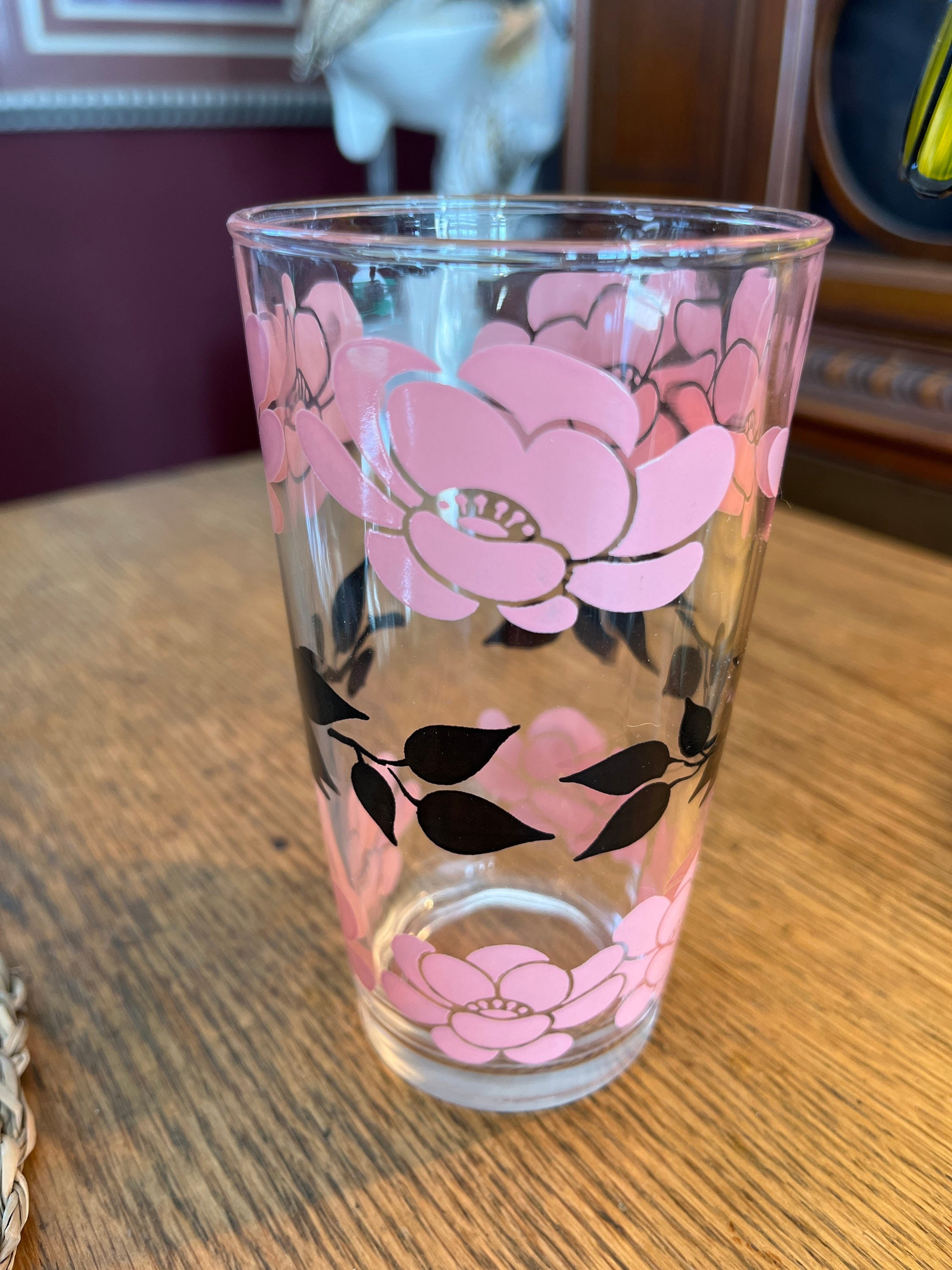 Vintage Hazel Atlas Hi Ball Glasses With Pink Caddy, Set of 6